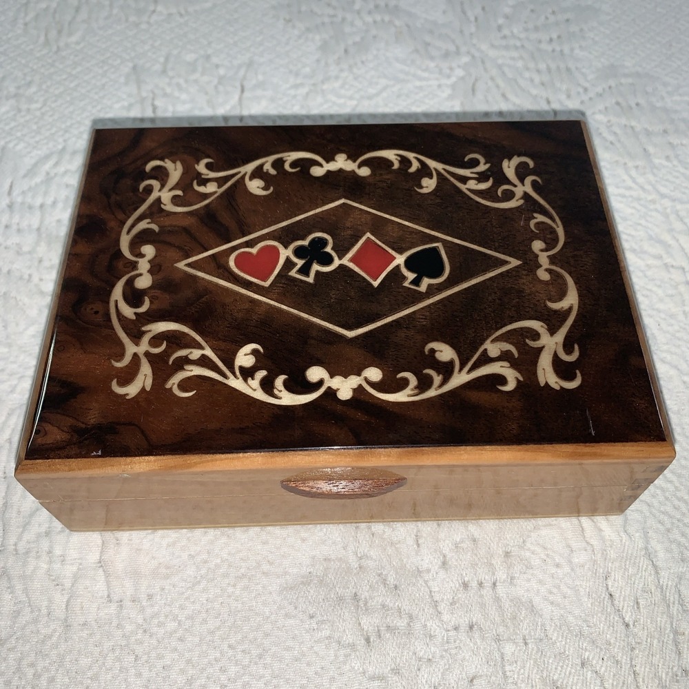 wood inlaid marquetry playing card case box Sorrento Italy Miss Bellevue Vtg‎